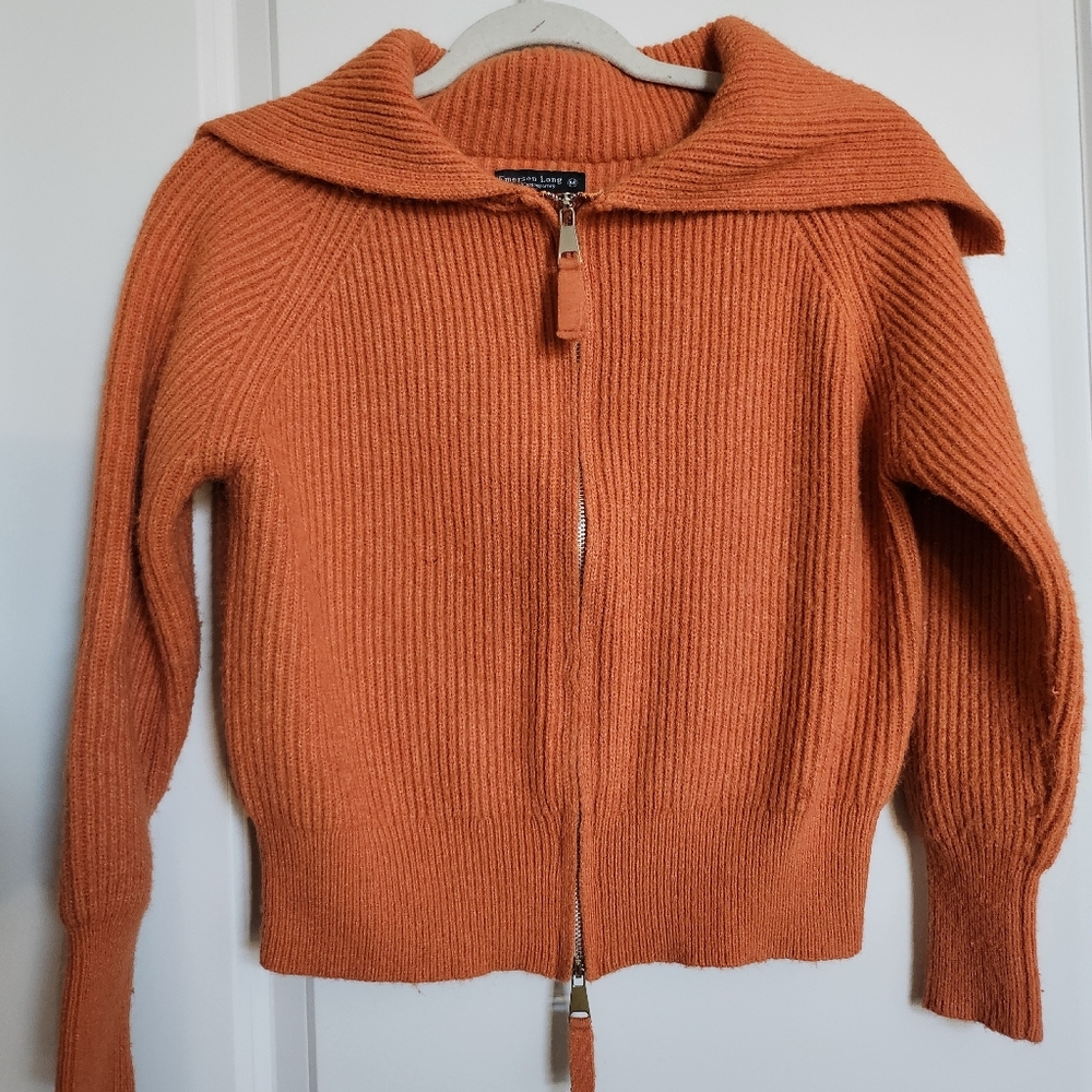 Emerson Lang Orange Ribbed Zip-Front Cardigan with Foldover Collar
